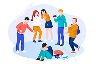 Kids school bullying and abuse concept. Vector illustration. Group of children bullies mocks sad boy