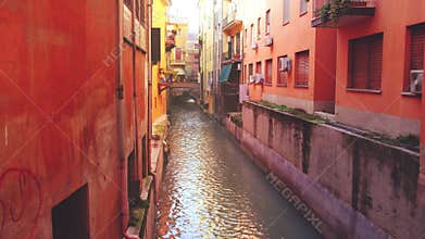 Vintage canal - emilia romagna landmarks of Bologna - Italy - the Canale di Reno or Canal of the Moline in the old town