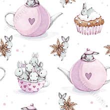 Cute watercolor seamless pattern. Wallpaper with party cupcakes and beautiful fantasy bunneis cartoon animals, cups, anise star, t