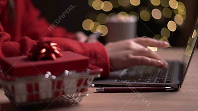 Christmas shopping online, sales and discounts promotions during winter holidays, online shopping at home. Female hands