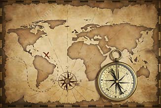 Aged brass antique nautical compass and old map