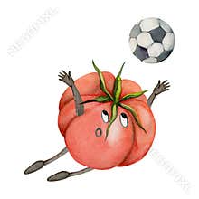 Hand drawn watercolor tomato character playing soccer football, goalkeeper catching ball. Fitness health. Illustration