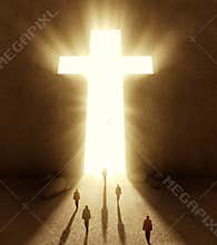 People walking towards a huge cross passage