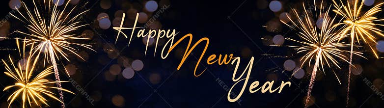 HAPPY NEW YEAR 2023 - Celebration New Year`s Eve, Silvester 2023 holiday background panorama greeting card - Golden firework