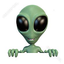 Little alien on top of blank sign