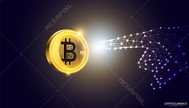 Abstract A hand with bitcoins concept of accessing Bitcoin Financial technology use