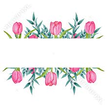 Watercolor floral banner with pink tulips and eucalyptus branches