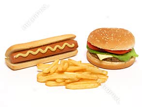 Hamburger, hot dog and french fries