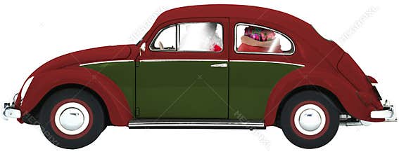 Old-fashioned Christmas Red and Green Beetle Car with Santa Claus & Sack Gifts Isolated on white PNG