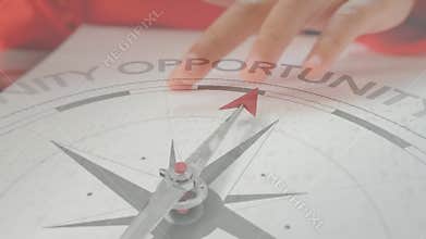 Animation of compass with text over caucasian child reading braille