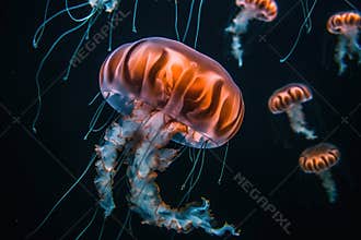 Beautiful jellyfish swimming in the water. Underwater world.