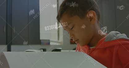 Animation of letters and numbers over biracial schoolboy reading braille