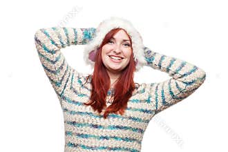 Smiling woman in furry winter hat
