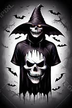 A scary theme of skul with witch hat and bats, horor, t-shirt design on white background, printable, cool