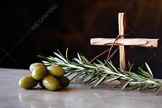 olive branch and wooden cross on a stone table