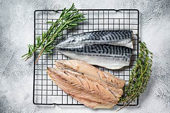 Fresh sliced mackerel fillet fish. White background. Top view
