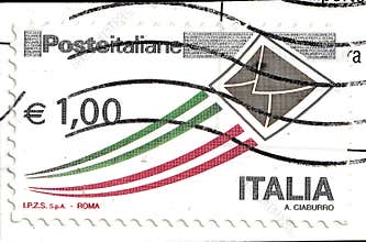 Postage stamp from the Italian Post depicting an envelope taking flight.