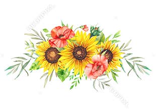 Watercolor sunflowers bouquet, hand painted sunflower bouquets, sunfower flower arrangement. Wedding invitation clipart elements.