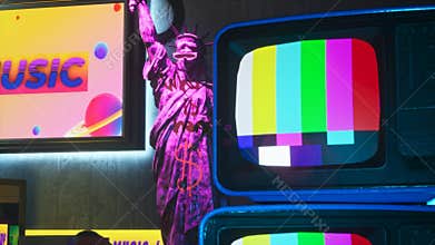 3D rendering Virtual studio with an old TV with multicolored stripes, purple statue of liberty in sunglasses. Display