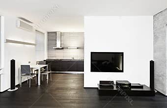 Modern kitchen and drawing room interior