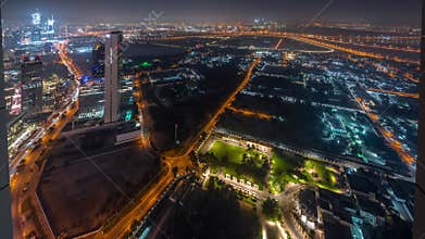 Garden in Zabeel district with skyscrapers on a background aerial all night timelapse in Dubai, UAE