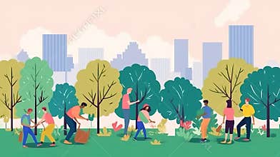 Planting tree in city park. People group working in garden, volunteers gardening in public space. Ecology volunteering, care