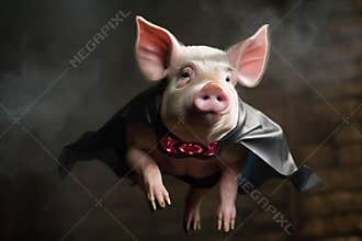 Funny piglet flying in the sky. Conceptual photo of a piglet.