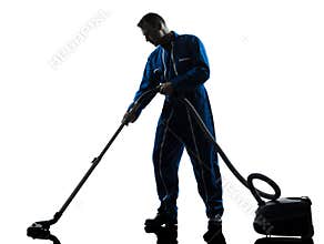 Man janitor vaccum cleaner cleaning silhouette
