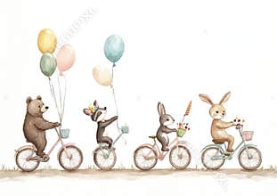 Featuring cute hand painted watercolor animals on bikes and air balloons. Illustration of a bear badger rabbit