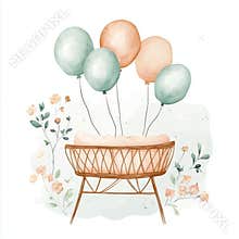 Hand drawn watercolor baby cradle crib air balloons and flowers. Stock illustration clip art.