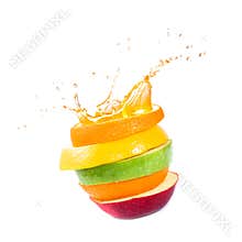 Apples, orange and citrus fruit. Splash juice.