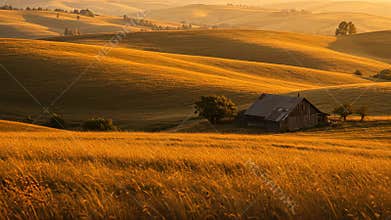 Old Barn in a Golden Field at Sunset in a Rural Landscape with Rolling Hills