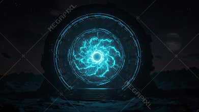 Abstract Geometric Gate with Glowing Blue Energy in a Dark Cosmic Night Scene