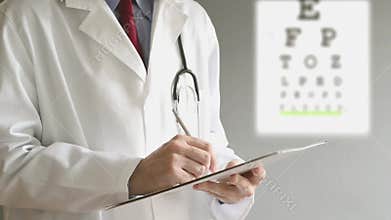 Male ophthalmologist doctor writing prescription after eye examination.