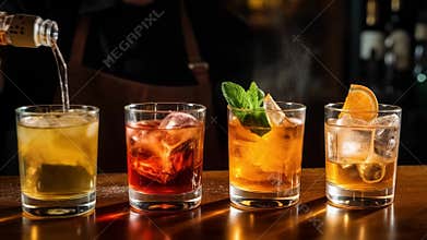 Bartender Pouring Whiskey - Cocktail Preparation with Ice and Garnish