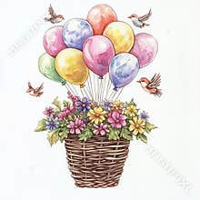 This stock clip art presents a beautifully crafted watercolor scene of a baby cradle, crib, surrounded by air balloons