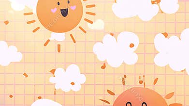 Two cheerful animated suns with smiling faces and blushing cheeks surrounded by fluffy clouds