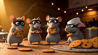 Four cartoon mice enjoy cookies in a cozy kitchen at night during a fun dessert heist