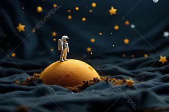 Little astronaut on small orange planet in dark starry cosmos