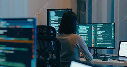 Young Asia female freelance eyeglasses typing write prompt AI bot IT app smart program nomad, video game, terminal with coding