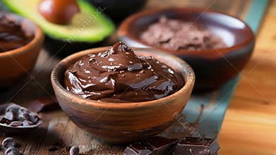 Delicious chocolate avocado pudding with chocolate chips and avocado slices on rustic wooden table