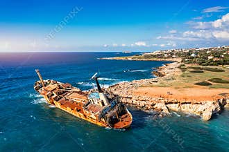 Abandoned Edro III Shipwreck at seashore of Peyia, near Paphos, Cyprus. Historic Edro III Shipwreck site on the shore of the water