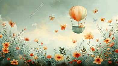 Composition with hand drawn watercolor baby cradle crib air balloons and flowers. clip art illustration.