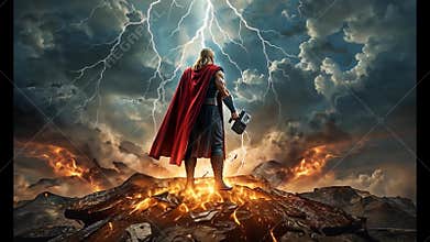 Thunder God with Hammer in Epic Storm and Fiery Landscape