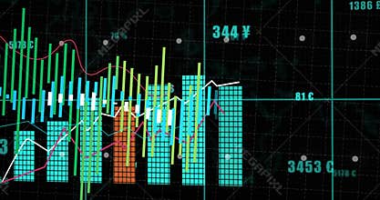 Grid loading initiating financial chart growing bars tracing trends updating labels showing metrics