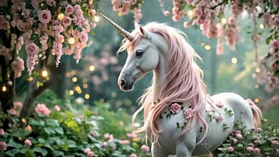 Dreamlike white unicorn horse with wavy pink mane and roses on body, standing in magical forest