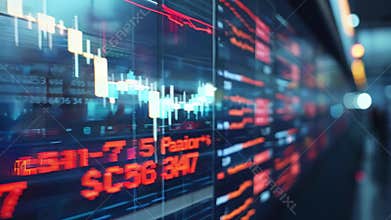 Camera moving along innovative wall street trading big screen showing real time stocks going down