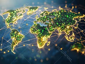 Illustrative image of a globally connected world, represented as a globe with countries marked Bright points of light