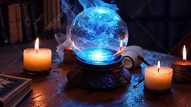 Glowing blue magical crystal ball on a table in a witch's lair surrounded by candles.