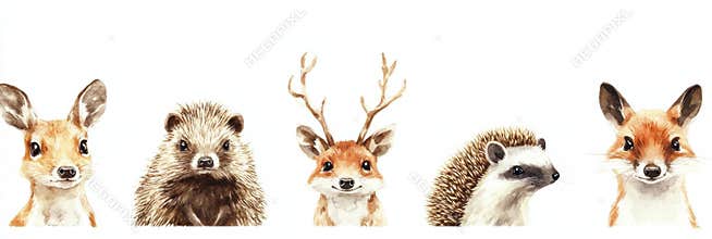 Forest animals gather together in a charming illustration featuring a deer, hedgehog, and fox among other woodland
